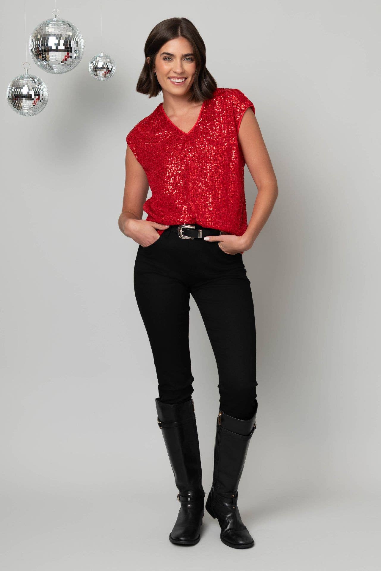 V-Neck Shimmer Tee: RED