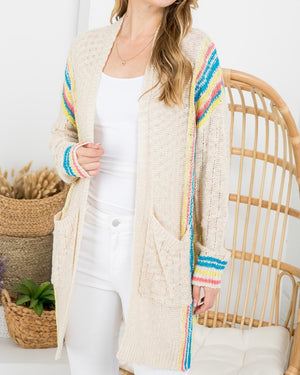 Open Front Cardigan With Striped Band
