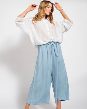 Washed Denim Wide Leg Cropped Pants