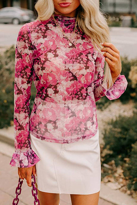 Ruffle Sleeve Floral Mesh Top
