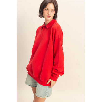 Oversized Polo Collared Pullover: RED