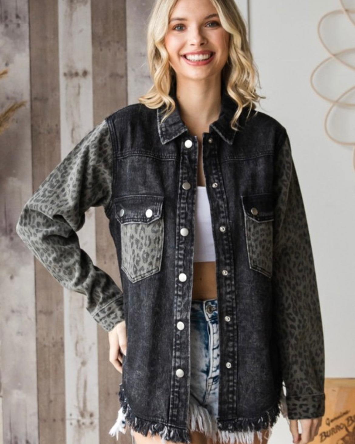 Leopard Sleeve Black Denim Jacket