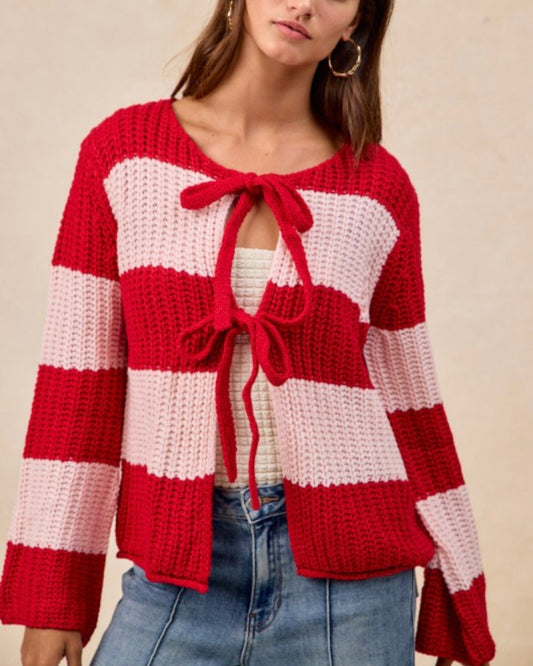 Striped Pink & Red Cardigan with Ties
