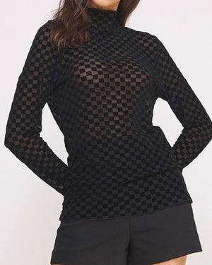 Long Sleeve Mesh Checkered Mock Neck Top