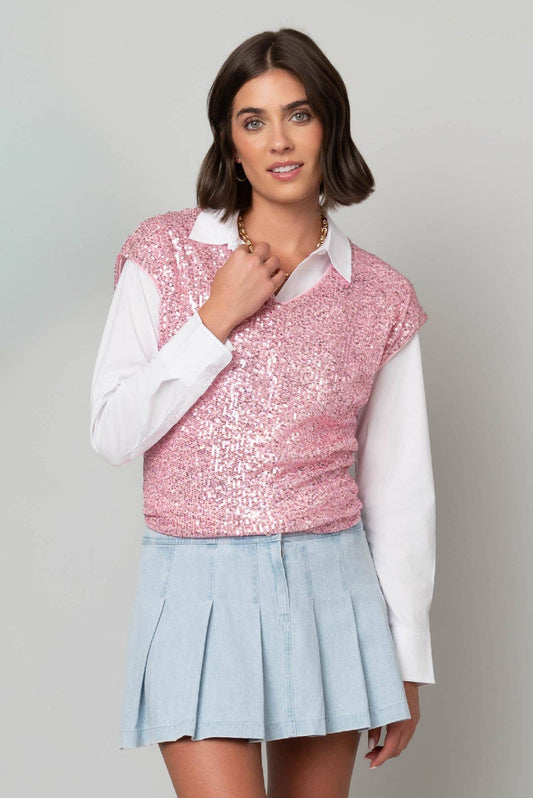 V-Neck Shimmer Tee: Pink