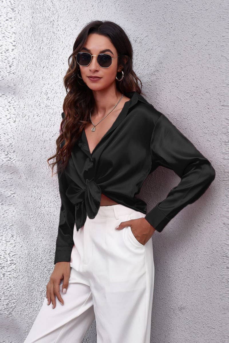 Button Down Satin Long Sleeve Top: White