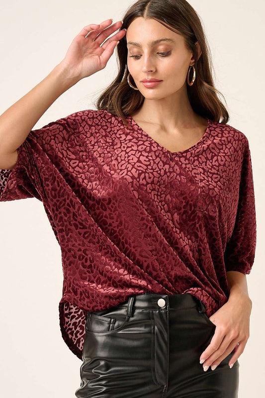 LEOPARD VELVET BURNOUT V-NECK TOP