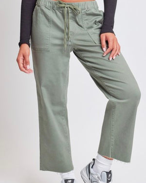 Olive Denim Cropped Raw Edge Jogger