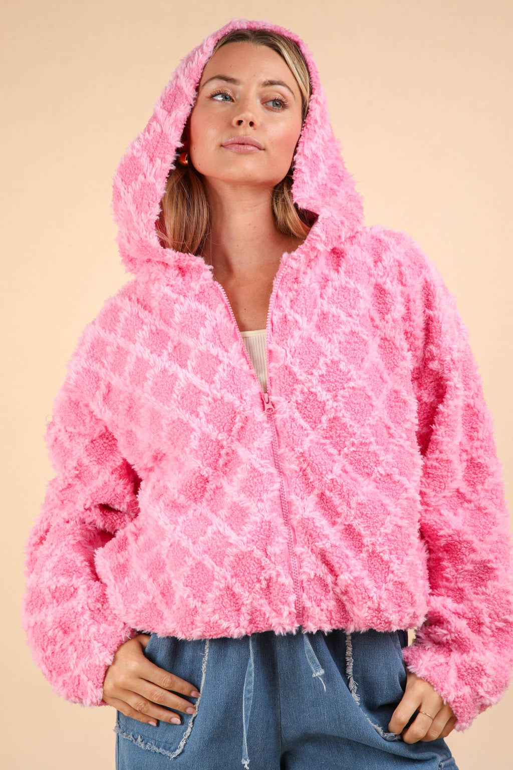 Oversized Pink Fuzzy Fur Textured Hoodie