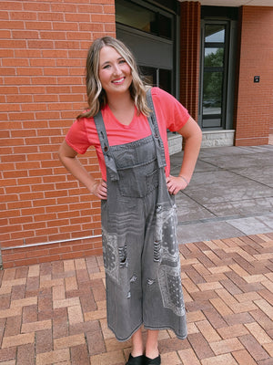 Washed Denim Overalls With Bandana Design