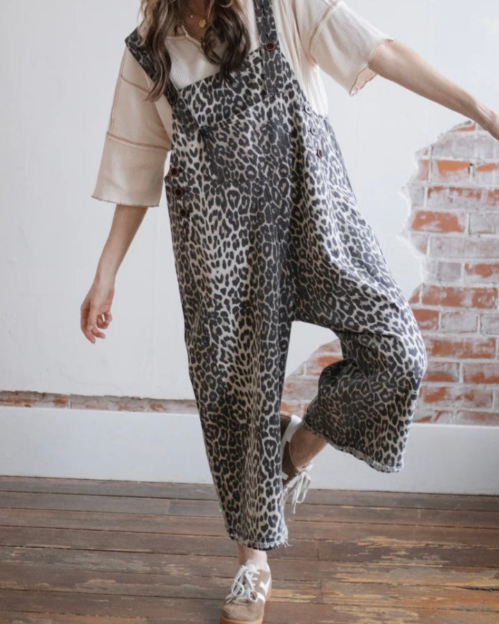 Washed Animal Print Twill Overalls
