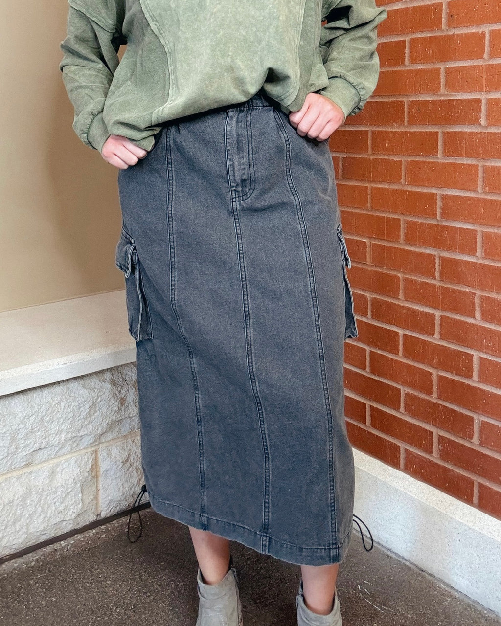 Washed Denim Cargo Skirt Black