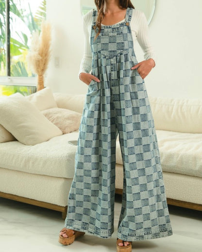Washed Vintage Checkered Wide Leg Overalls