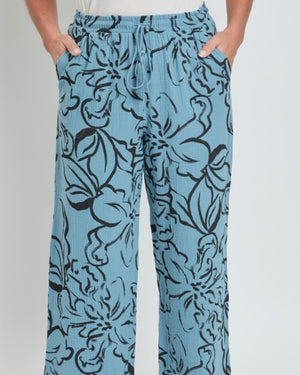 Blue With Black Floral Gauze Pants