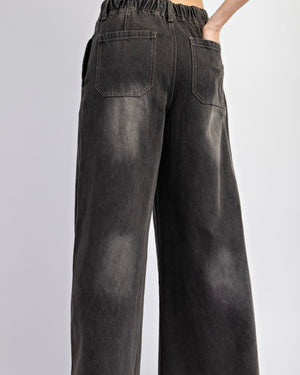 Washed Denim Wide Pants Black