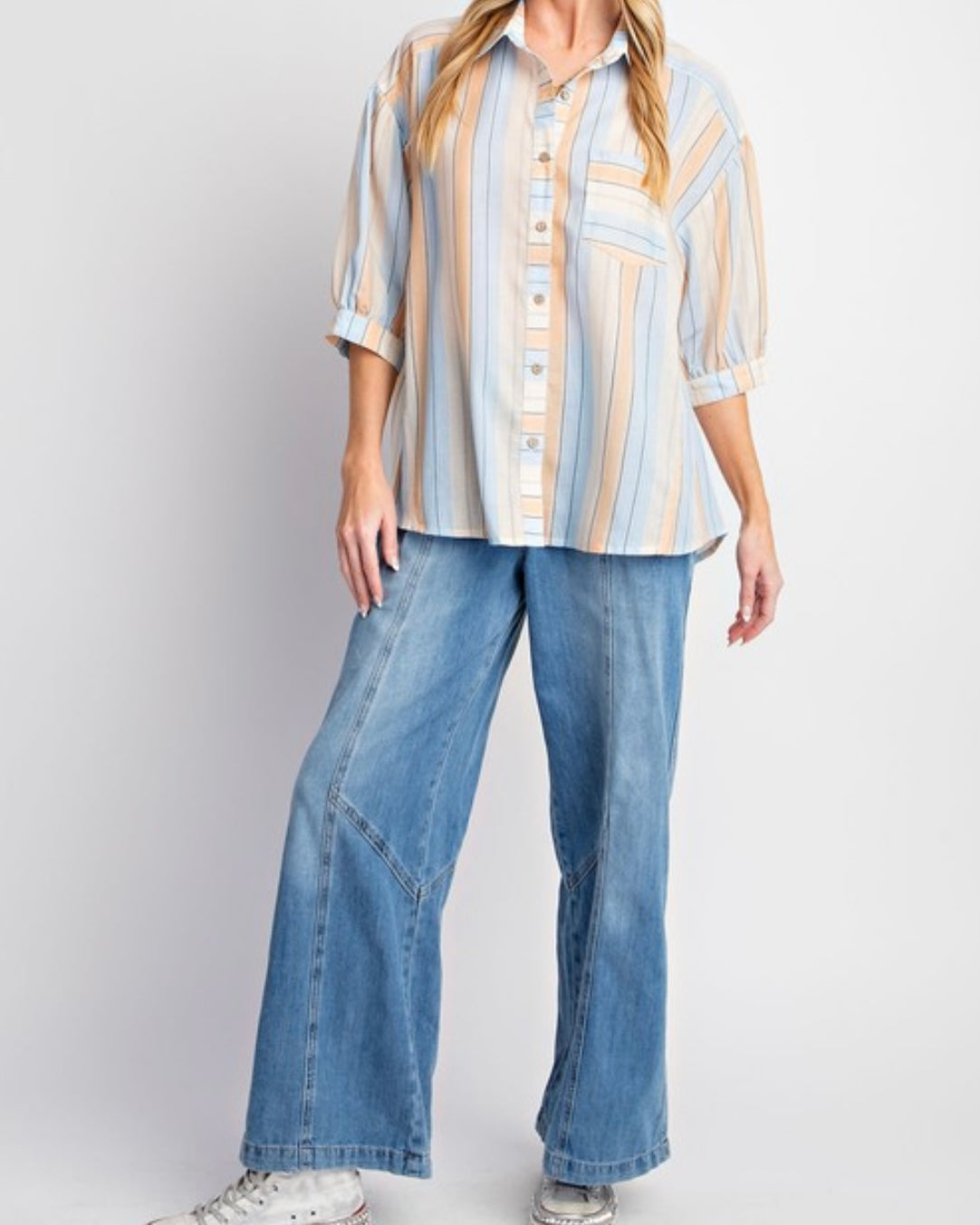Half Sleeve Striped Button Up
