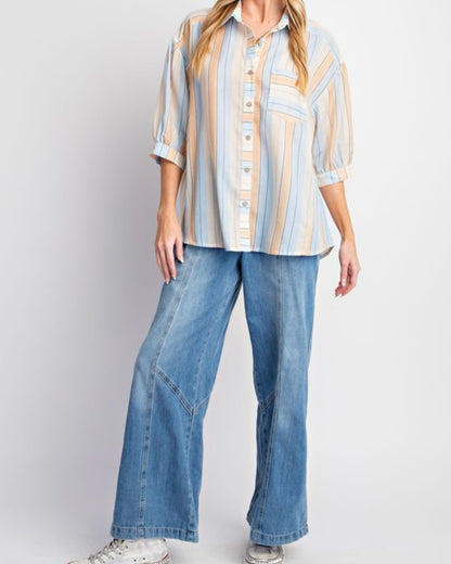 Half Sleeve Striped Button Up