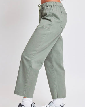 Olive Denim Cropped Raw Edge Jogger