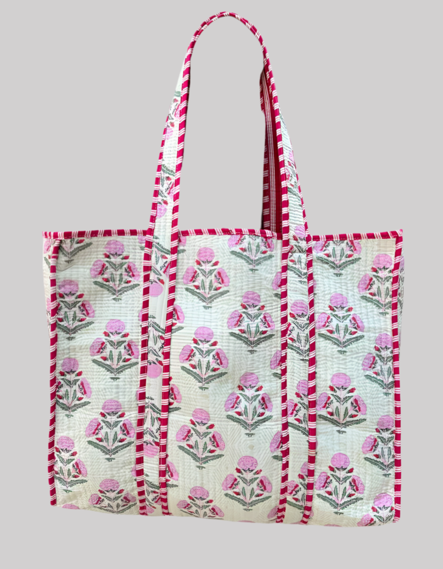 Printed Cotton Quilted Bag-pink floral