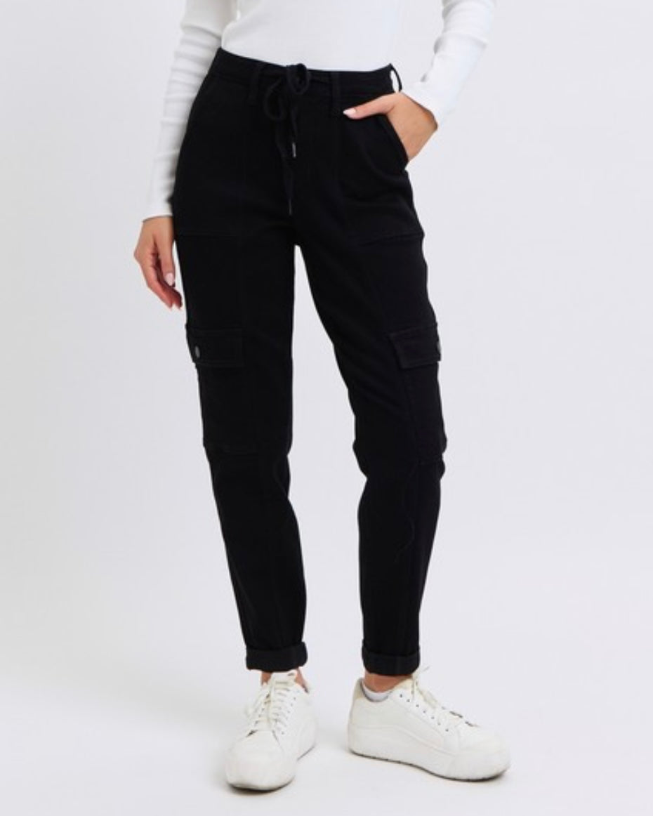 High Waist Black Cargo Denim Jogger