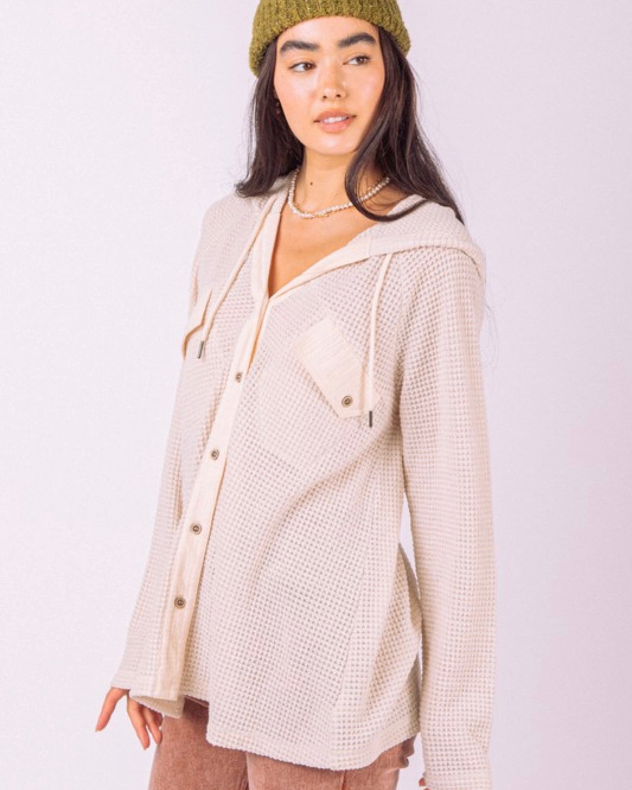 Hooded Waffle Button Up Top