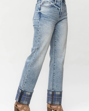 Vintage Plaid Cuff Straight
