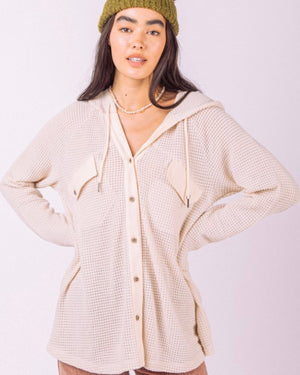 Hooded Waffle Button Up Top