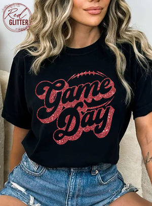 GAME DAY FOOTBALL GLITTER GRAPHIC T SHIRTS : Black