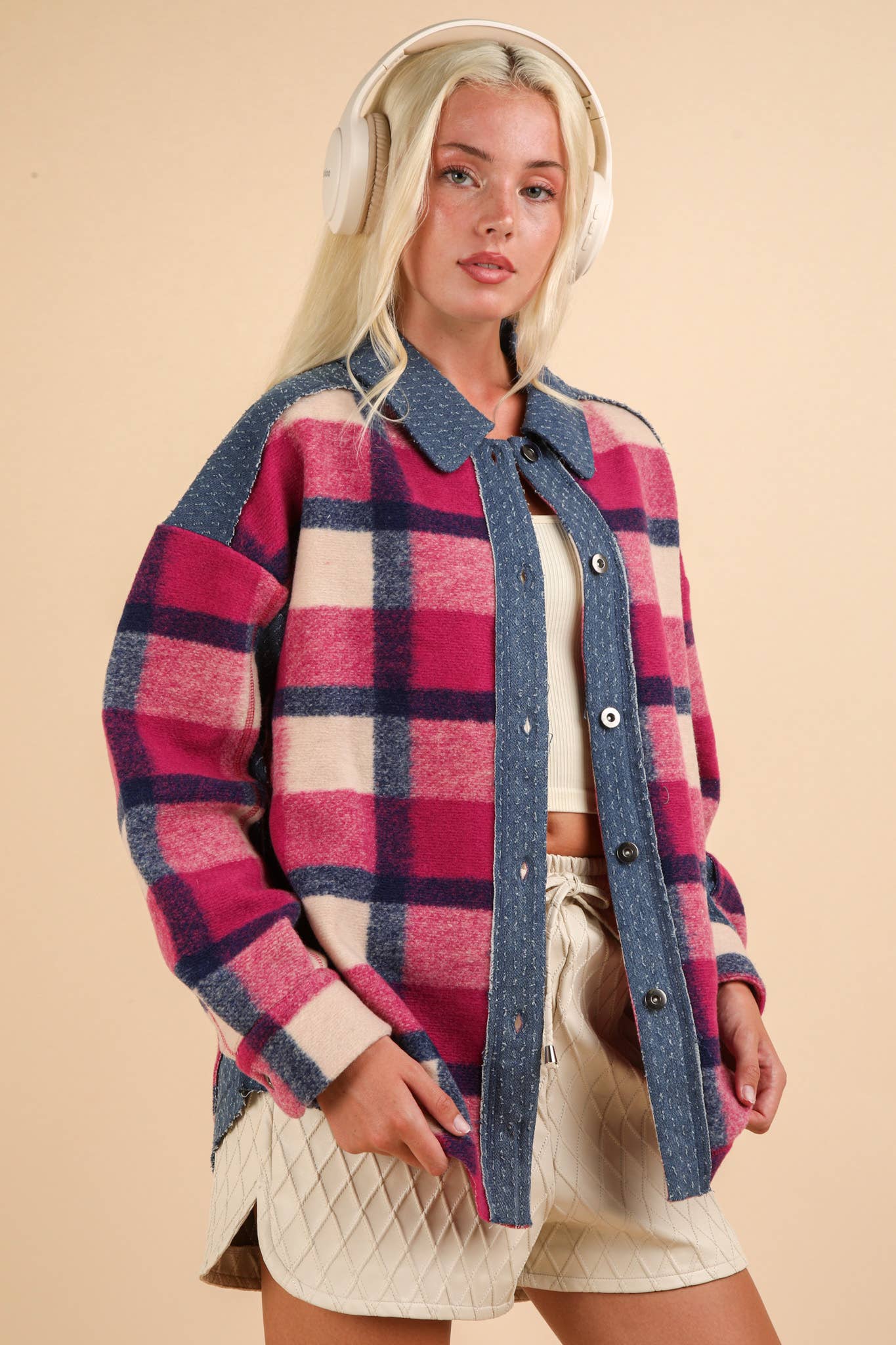 Textured Denim Contrast Plaid Shacket