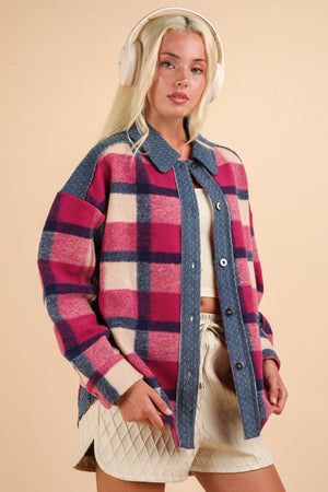 Textured Denim Contrast Plaid Shacket