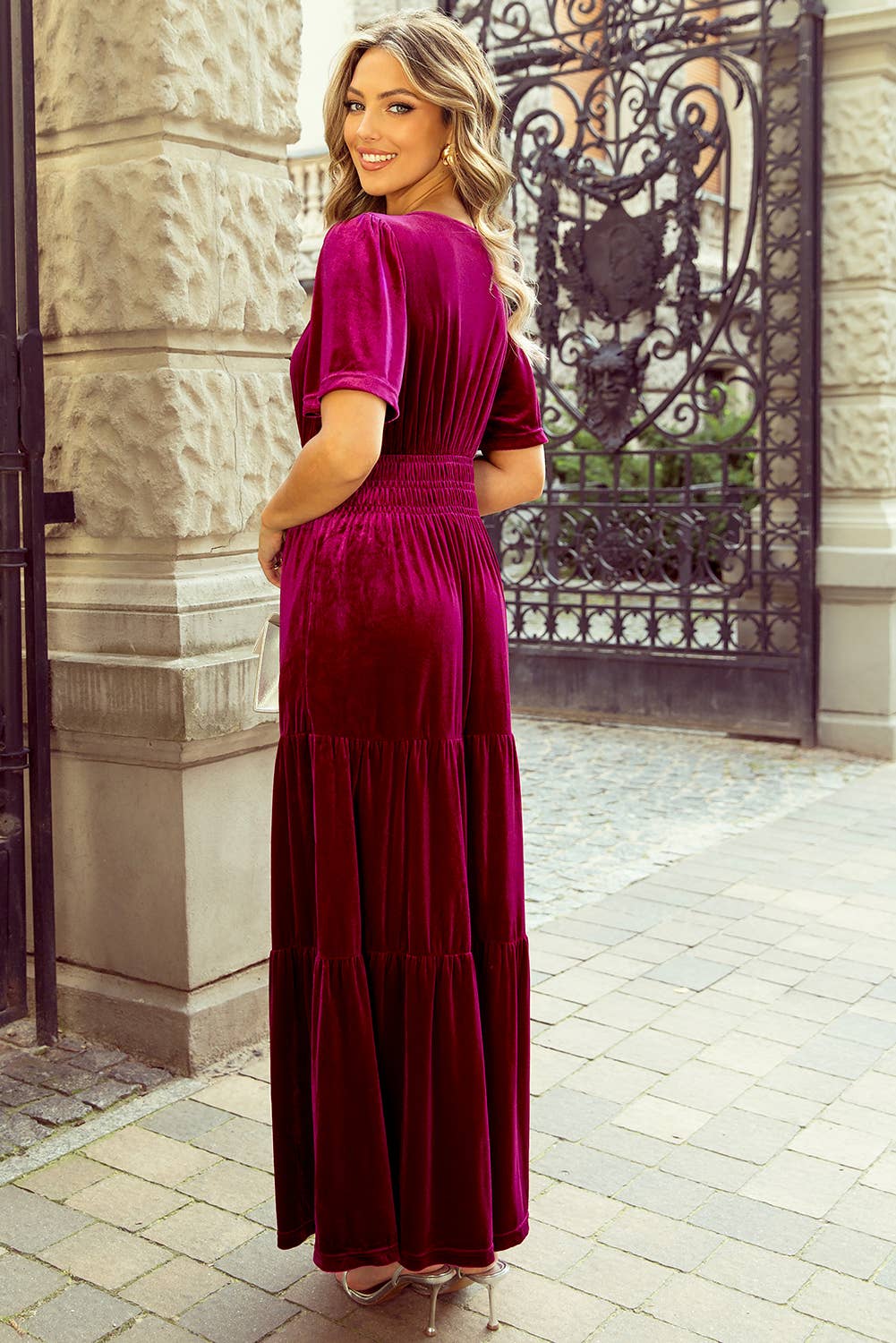 Berry Velvet Shirred Waist Maxi Dress