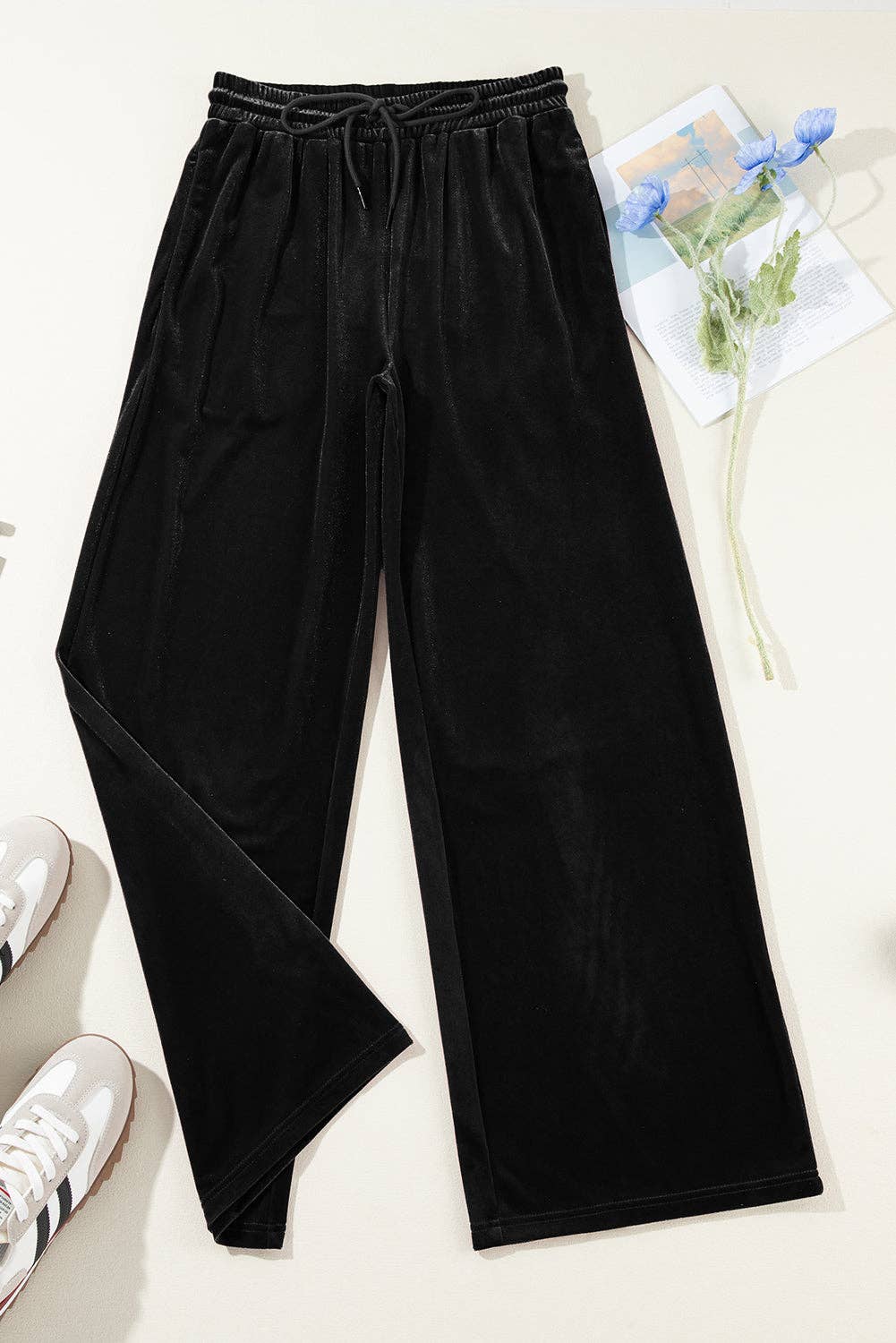 Velvet Drawstring Wide Leg Pants