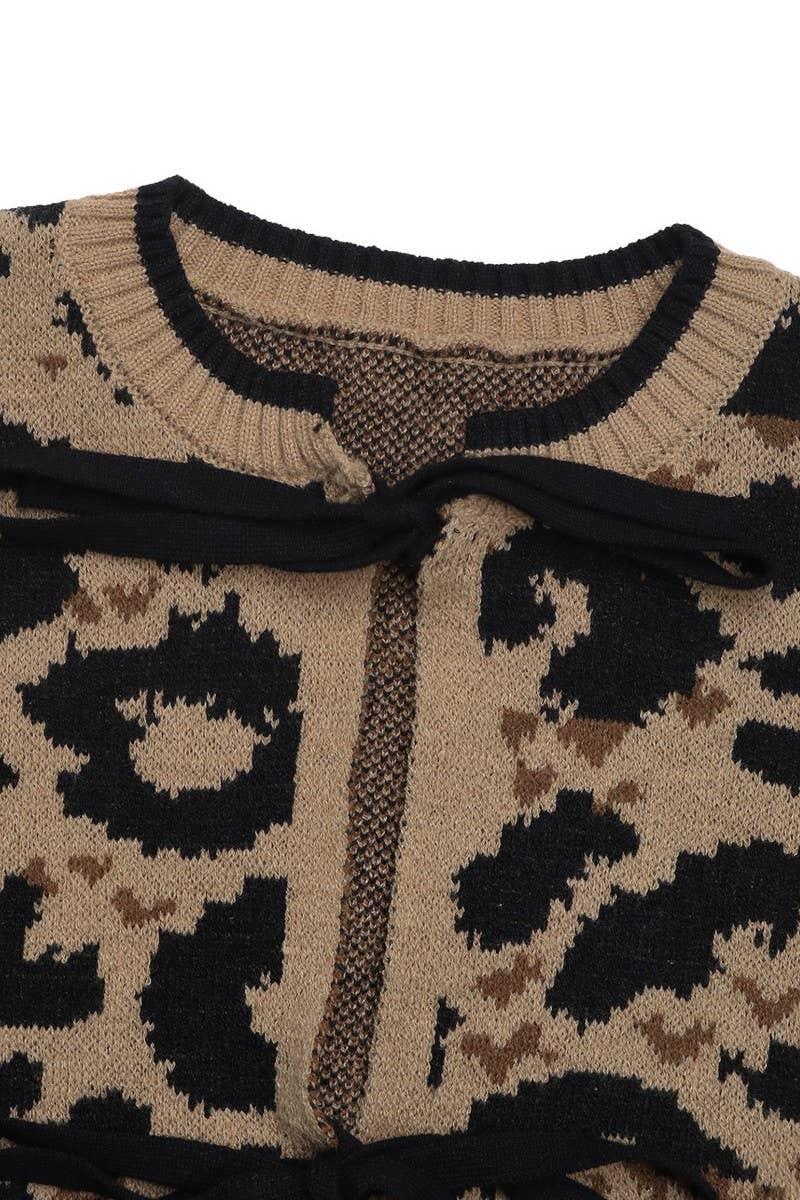 Leopard Print Bow Tie Knit Sweater