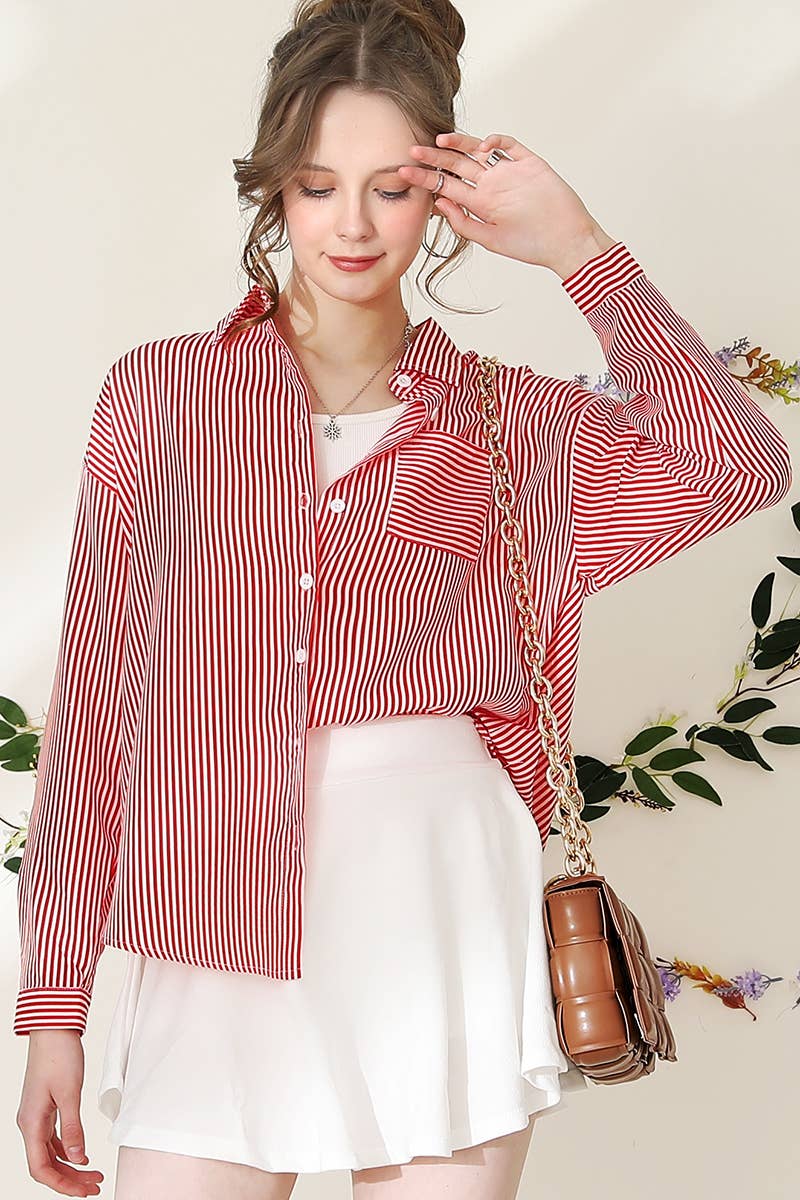 Red Striped Button Down Long Sleeve Shirt