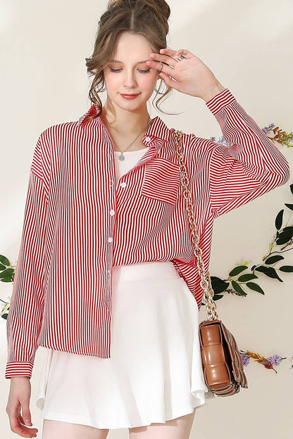Red Striped Button Down Long Sleeve Shirt