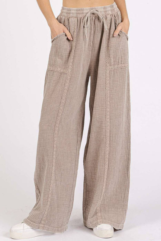 Lace Detail Elastic Waist Gauze Pants