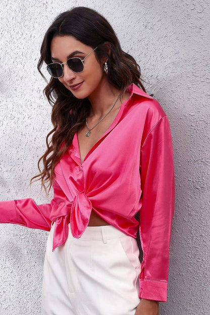 Button Down Satin Long Sleeve Top: White