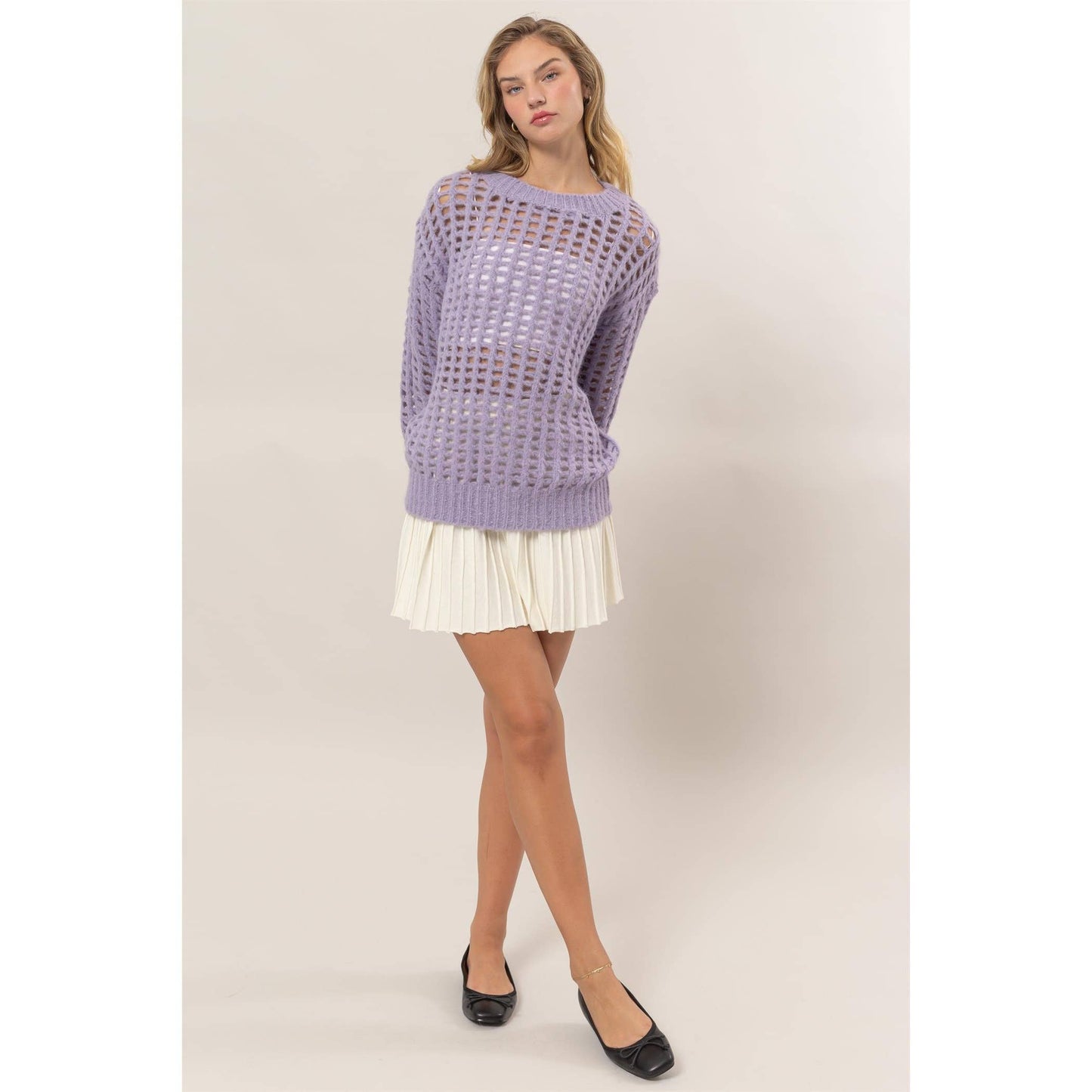 Open Stitch Long Sleeve Sweater: LILAC