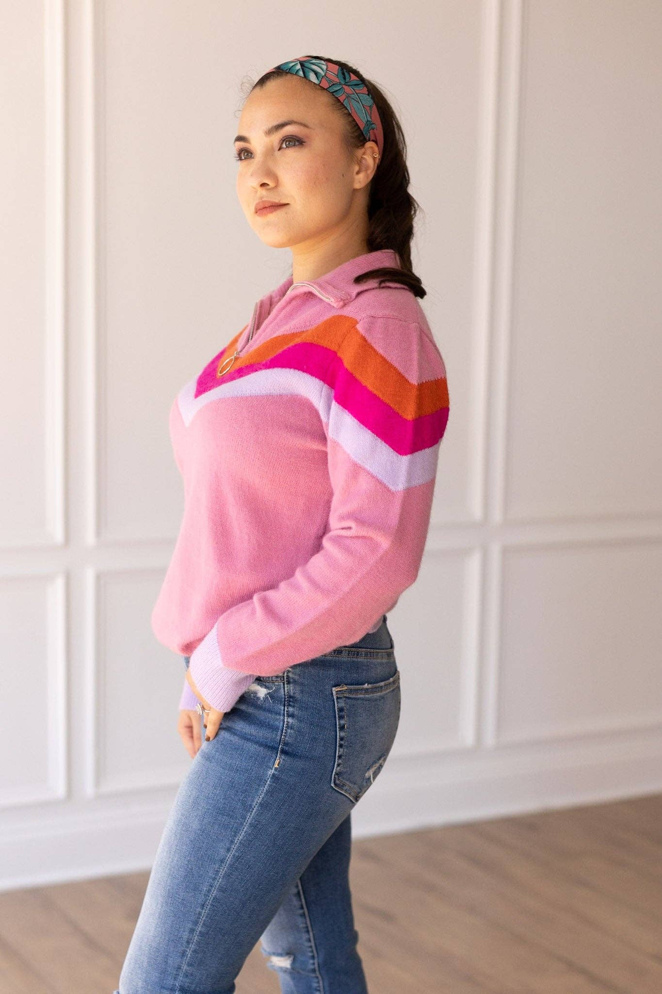 Vintage Vibes Pink Quarter Zip Sweater