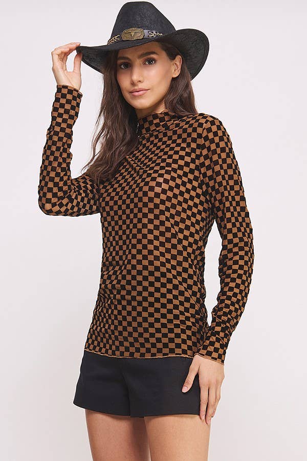 Long Sleeve Checkered Mesh Top Mocha