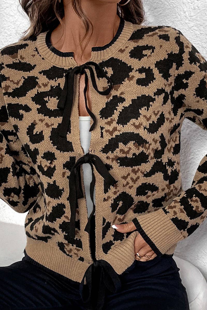 Leopard Print Bow Tie Knit Sweater