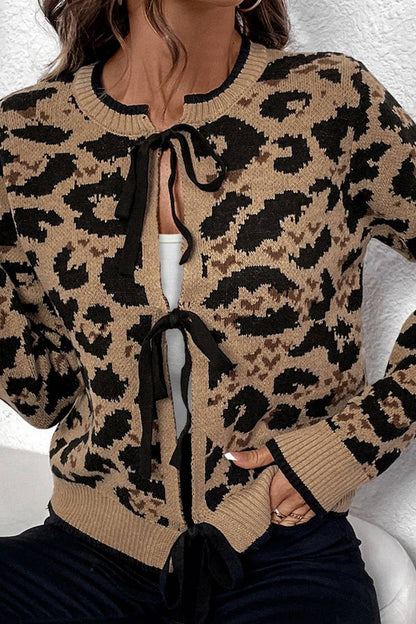 Leopard Print Bow Tie Knit Sweater