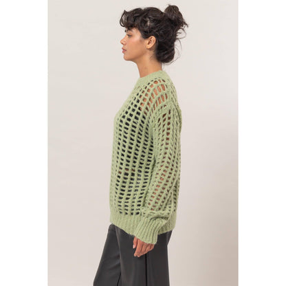 Open Stitch Long Sleeve Sweater: PASTEL GREEN