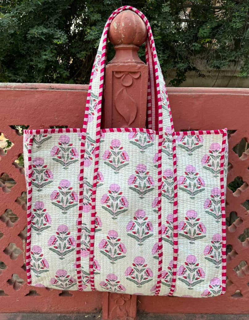 Printed Cotton Quilted Bag-pink floral