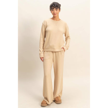 Brushed Crew Neck Long Sleeve Top: LIGHT TAUPE