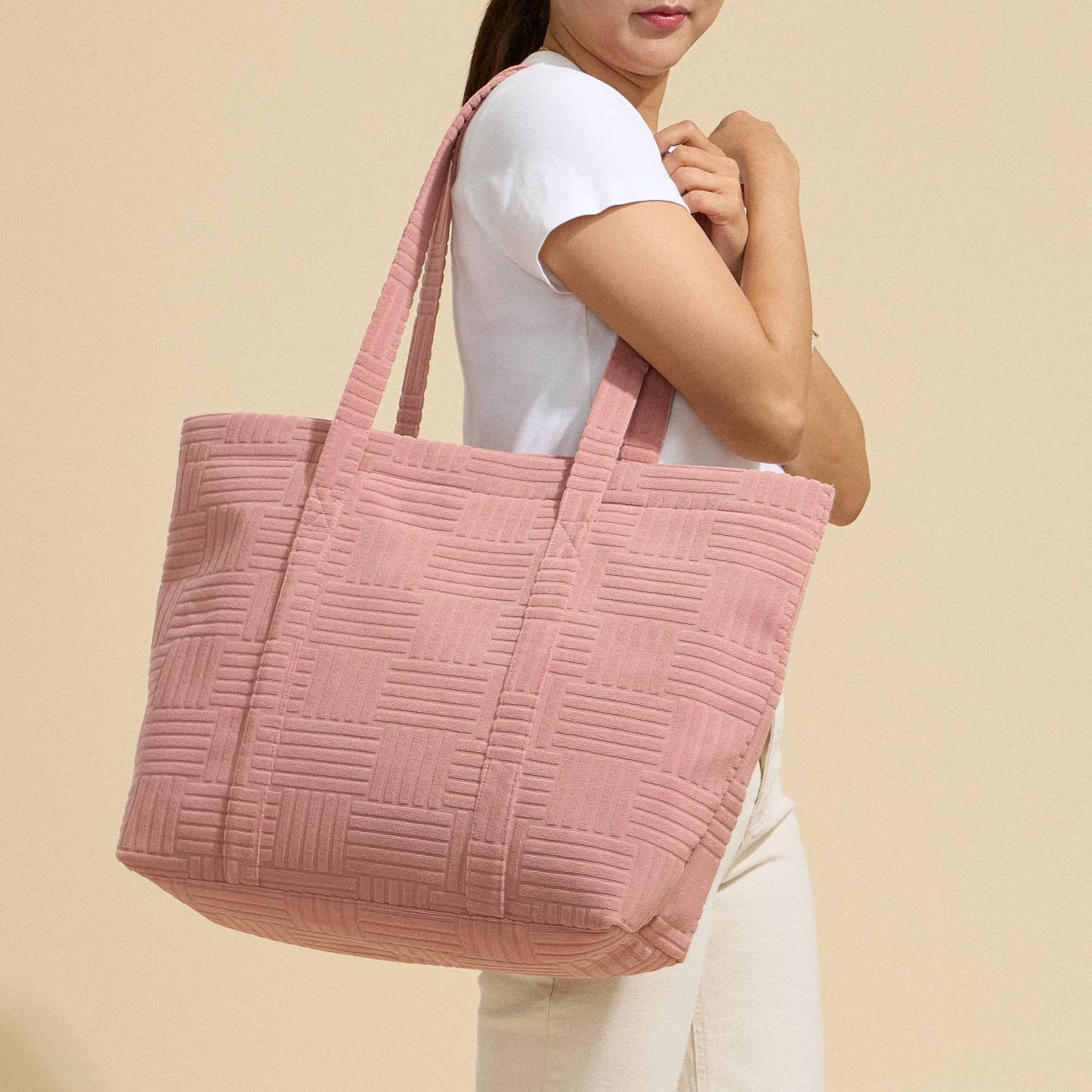 Quilted Tote Bag with Woven Texture: Pink