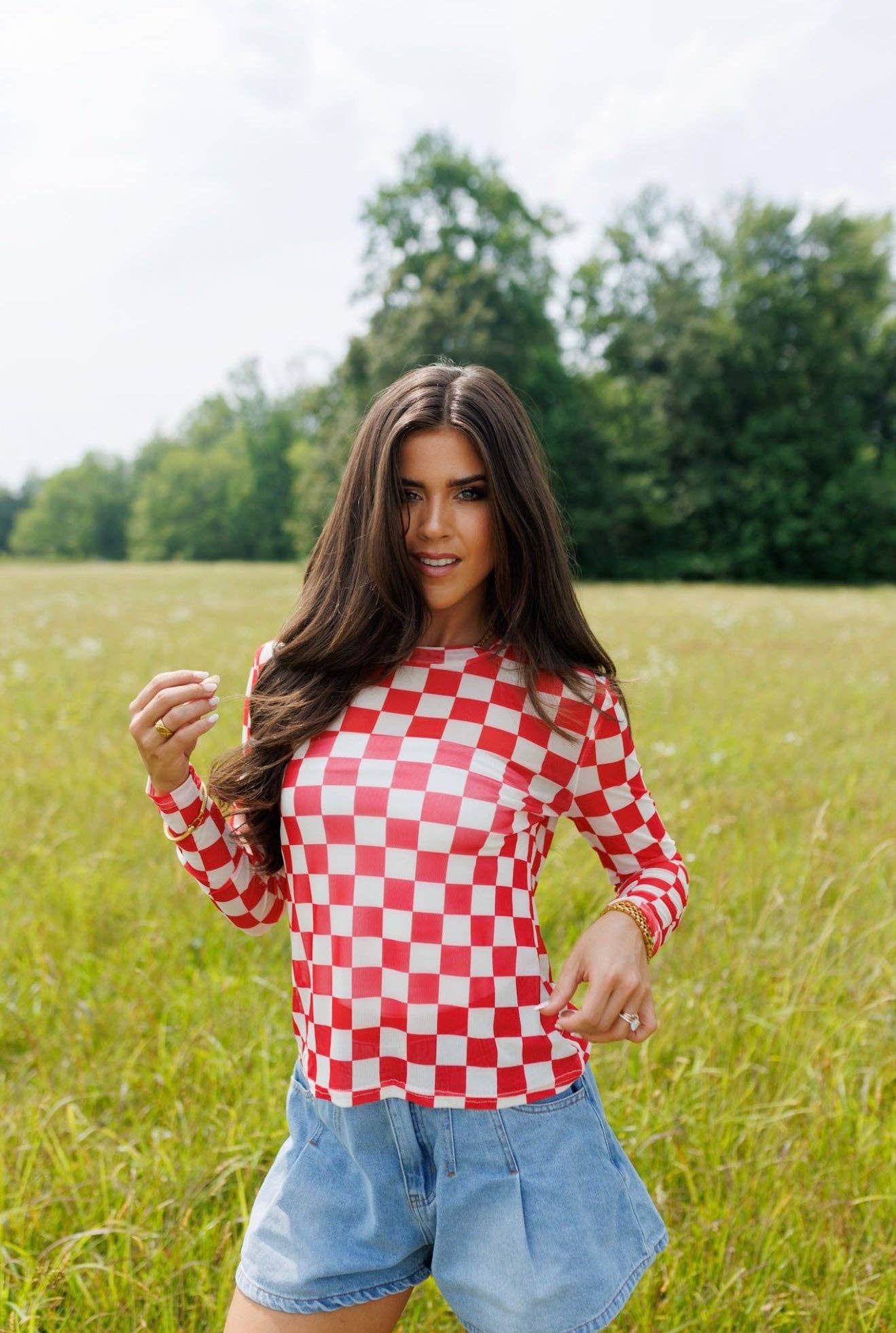 Red Checkerboard Mesh Top