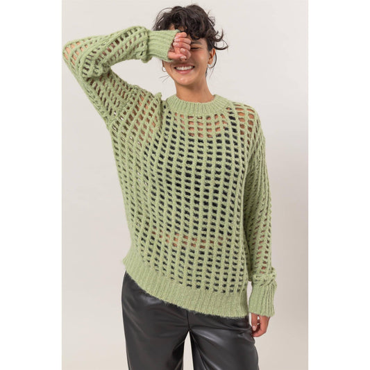 Open Stitch Long Sleeve Sweater: PASTEL GREEN