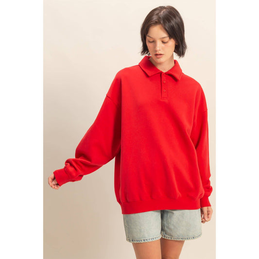 Oversized Polo Collared Pullover: RED