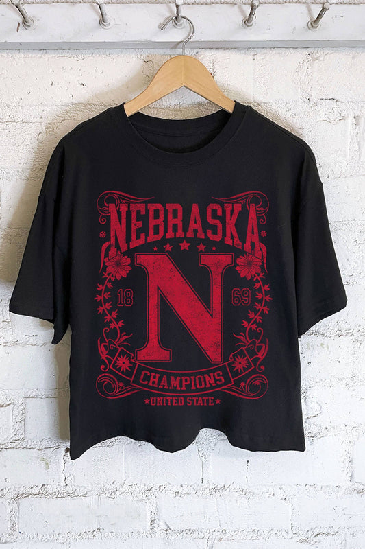 Nebraska Flower Graphic Long Crop Tee Black